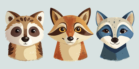 Fototapeta premium Cute Cartoon Animal Faces Raccoon Fox and Coyote