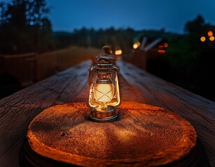 Lantern's Glow: An Evening Scene of Warm Light and Wood Textures on a Rustic Table, Evoking a Sense of Calm and Tranquility