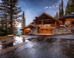 Majestic Mountain Retreat: A Luxurious Wooden and Stone Chalet Reflecting in the Rain-Kissed Landscape at Dusk