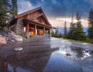 Mountain Retreat: A Rustic Cabin in a Dramatic Landscape After the Rain, Reflecting the Sky