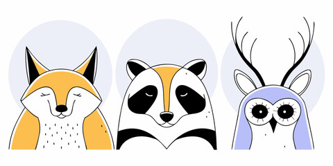 Fototapeta premium Cute Animal Portraits of Fox Raccoon and Owl