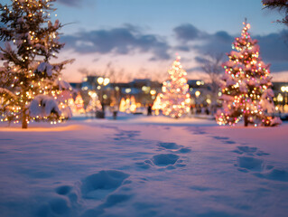 눈 덮인 겨울 공원과 반짝이는 크리스마스트리 야경