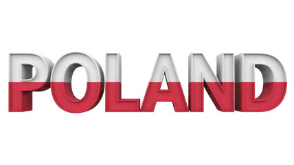 3D text rendering of 'POLAND' with the country's flag colors (white and red) applied to each letter, set against a transparent background. background removed