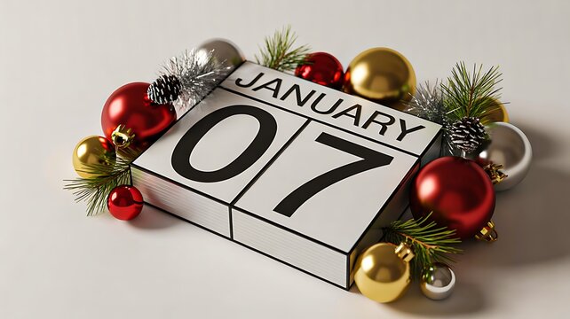 January 7 holiday date with festive Christmas ornaments, decorative baubles and pine branches on white background
- Powered by Adobe