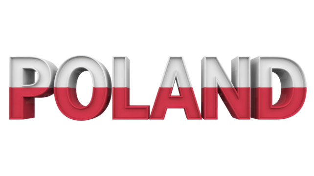 3D text rendering of 'POLAND' with the country's flag colors (white and red) applied to each letter, set against a transparent background. background removed