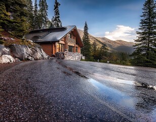 Tranquil Cabin Retreat: A Mountain Getaway Reflected in a Puddle on the Road Leading to the Lodge