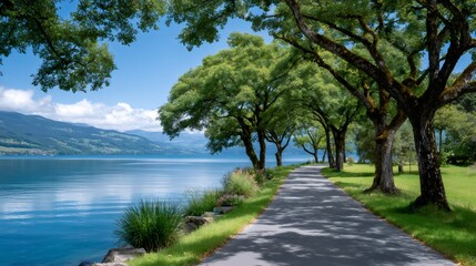 Lakeside path winding through trees along a peaceful lake