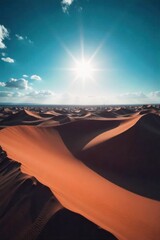 Sun Drenched Desert Dunes at Dawn Expansive, undulating desert sand dunes with sharp shadows, illuminated by the intense, bright light of the rising sun. The sky is clear and blue. No people, no text.