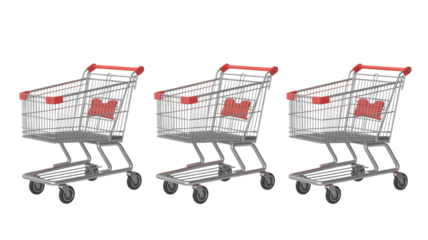 Three identical silver shopping carts with red accents and heart-shaped seats are lined up on a plain transparent background. background removed
