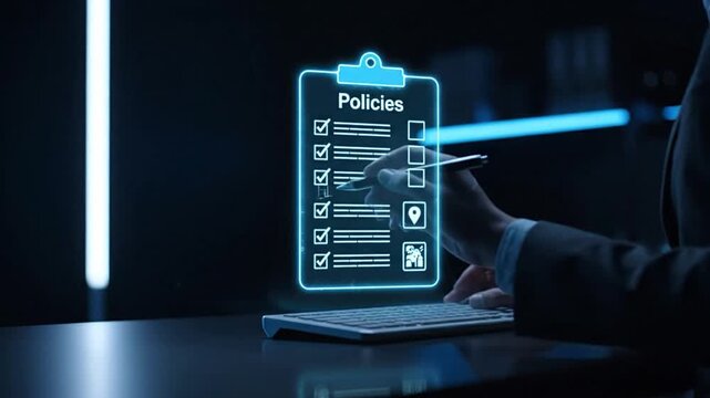Futuristic business person working with digital policies and checklist