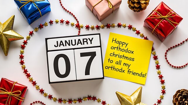 January 7 Orthodox Christmas Celebration with Calendar, Gifts, Decorations and Festive Message on White Background
