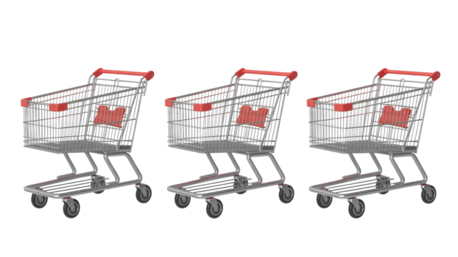 Three identical silver shopping carts with red accents and heart-shaped seats are lined up on a plain transparent background. background removed