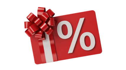 A vibrant red gift card adorned with a shiny red bow and a prominent white percentage symbol, indicating a special discount or promotional offer. background removed