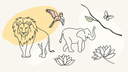 Fototapeta premium Line Art Illustration of Lion Elephant Parrot and Lotus Flower