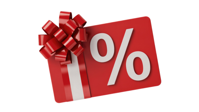 A vibrant red gift card adorned with a shiny red bow and a prominent white percentage symbol, indicating a special discount or promotional offer. background removed