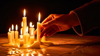 Hand Lighting Multiple Prayer Candles in Warm Spiritual Atmosphere