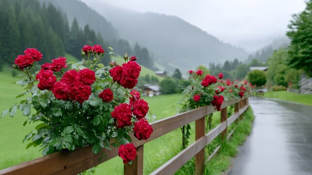 Red roses blooming on wooden fence by mountain road in rain - Powered by Adobe