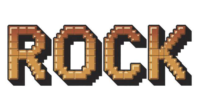 Pixelated 'ROCK' text rendered in a blocky, 3D style, reminiscent of retro video games or Minecraft, against a solid transparent background. background removed