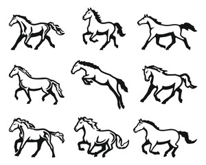 Set of Nine Black Horse Illustrations simple design