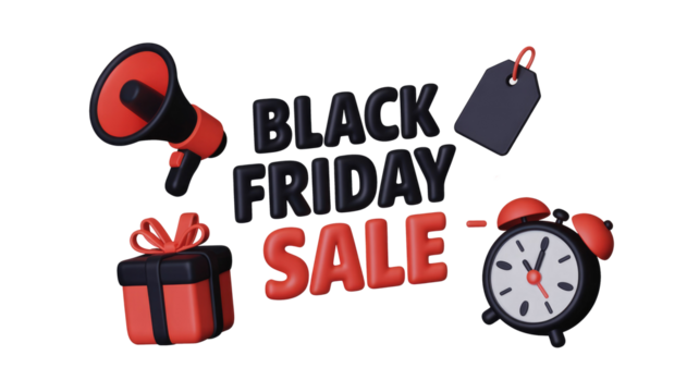 3D render for Black Friday Sale, featuring a megaphone, gift box, price tag, and alarm clock for shopping events. background removed