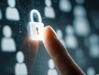 Finger touching a glowing digital padlock icon on a screen filled with security and user profile symbols representing online data protection and privacy concepts