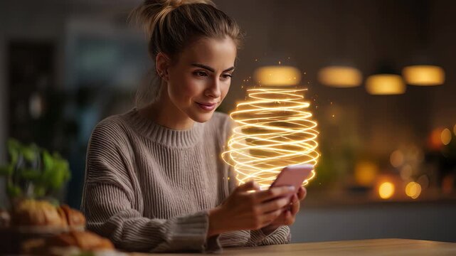Smiling woman using smartphone with glowing effect for modern app experience video, 4K
