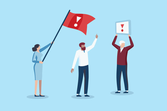 Group of people protesting with red flag and sign with exclamation point
