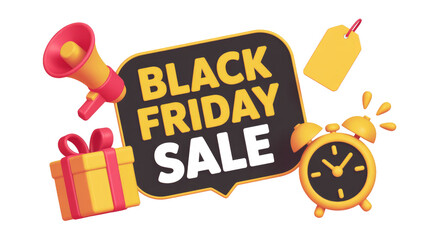 Black Friday Sale promotion in 3D, with a megaphone, gift, price tag, and alarm clock, announcing deals and shopping offers. background removed