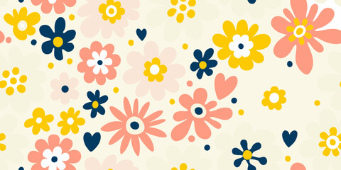 Cute floral pattern with hearts in pink yellow and navy blue