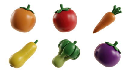 A vibrant collection of 3D rendered cartoon vegetables and fruits including tomato, carrot, eggplant, and squash on a solid transparent background. background removed