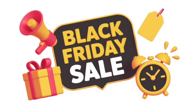 Black Friday Sale promotion in 3D, with a megaphone, gift, price tag, and alarm clock, announcing deals and shopping offers. background removed