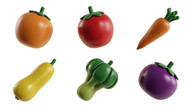 A vibrant collection of 3D rendered cartoon vegetables and fruits including tomato, carrot, eggplant, and squash on a solid transparent background. background removed
