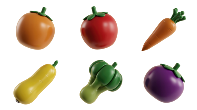 A vibrant collection of 3D rendered cartoon vegetables and fruits including tomato, carrot, eggplant, and squash on a solid transparent background. background removed