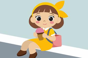 Little girl with ice cream wearing a yellow dress and headband