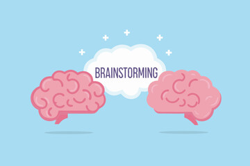 Brainstorming concept with two brains and cloud on a light blue background