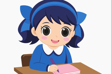 Little girl in school uniform writing on paper