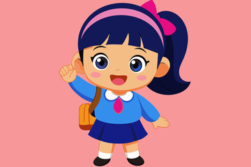 Cartoon school girl with backpack and uniform smiling