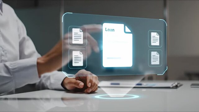 Office Worker Analyzing Hologram Loan Agreement, Modern Technology Concept