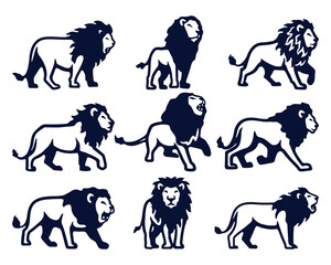 Nine Majestic Lion Illustrations in Black and White