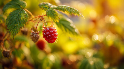 Vibrant ripe red raspberry hanging from delicate green leaves in a sunlit garden with a warm golden natural background and soft bokeh effects