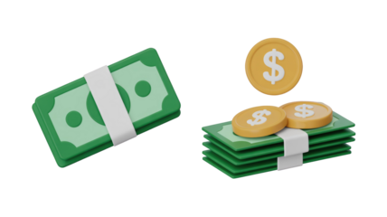 3D rendered illustration of bundled green dollar bills and gold coins, symbolizing finance, wealth, and financial growth. background removed