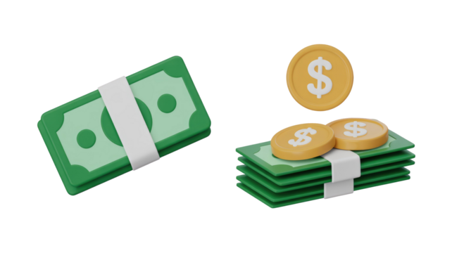 3D rendered illustration of bundled green dollar bills and gold coins, symbolizing finance, wealth, and financial growth. background removed