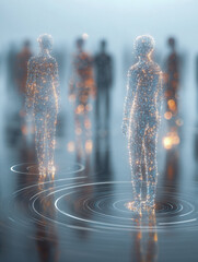 Digital human figures composed of glowing particles standing in luminous rings in a futuristic abstract environment with blurred background silhouettes and sparkles