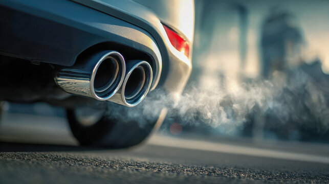 Exhaust fumes emitting from the dual tailpipes of a parked vehicle on a city street during a cold day with blurred urban background and morning light glow