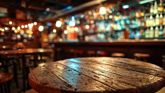Experience a lively night out enjoying drinks at a cozy, rustic bar with warm lighting, 4K