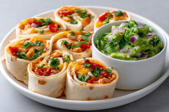 Tortilla pinwheels with guacamole and red onion topping
