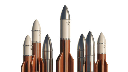 A striking line-up of stylized rockets, featuring metallic noses, white bodies, and wooden fins, standing against a solid green backdrop. background removed
