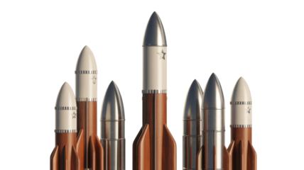 A striking line-up of stylized rockets, featuring metallic noses, white bodies, and wooden fins, standing against a solid green backdrop. background removed