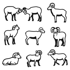 Varied Ram and Sheep Silhouette Illustrations Set