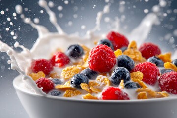 Bowl of cornflakes with fresh raspberries and blueberries splashing in creamy milk on a soft focused background for a healthy breakfast concept